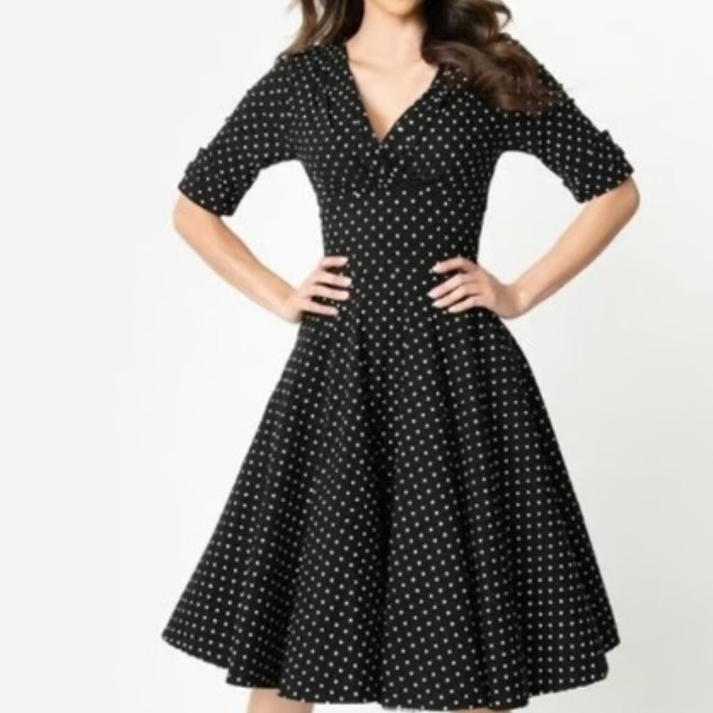 Unique Vintage Delores Black/White Polka Dot 1950s Swing Dress